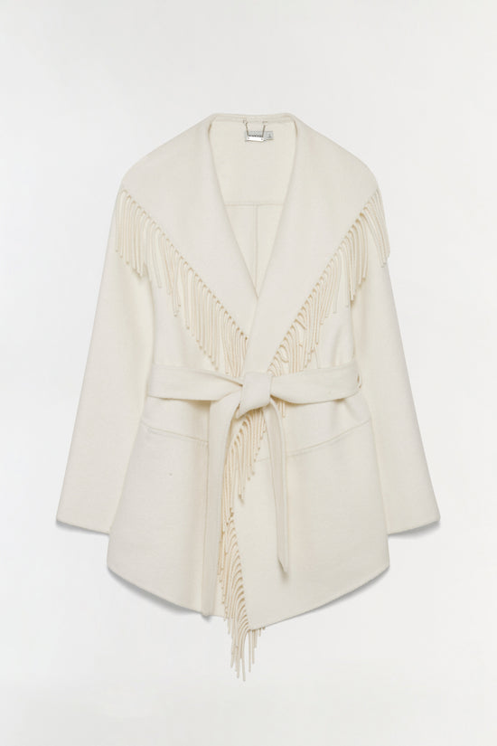Cream-colored jacket with large fringe trim on the front and side, tied waist belt, and notched lapels.