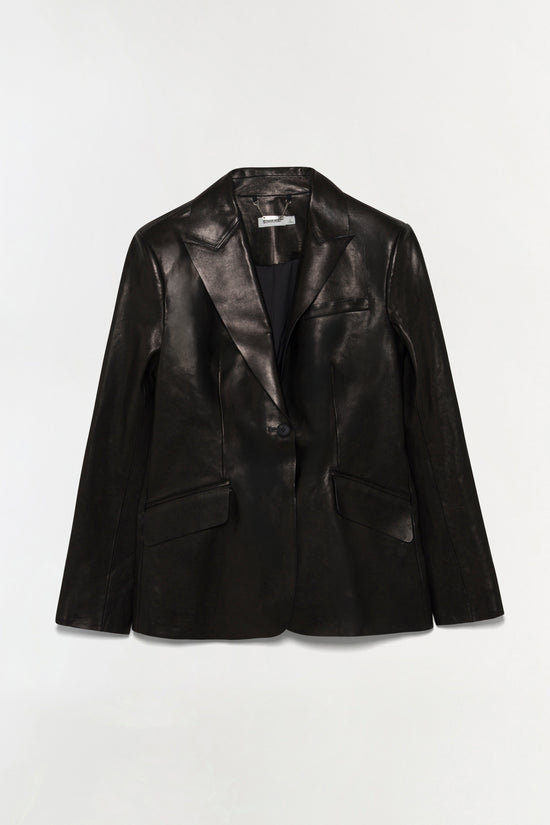 Black leather blazer with notch lapels, single button closure, and chest and hip pockets.