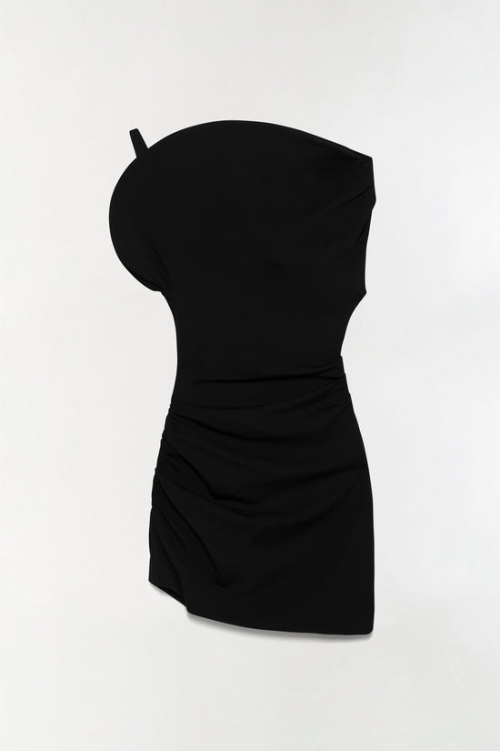 Black sleeveless mini dress with draped neckline and ruched side detail.
