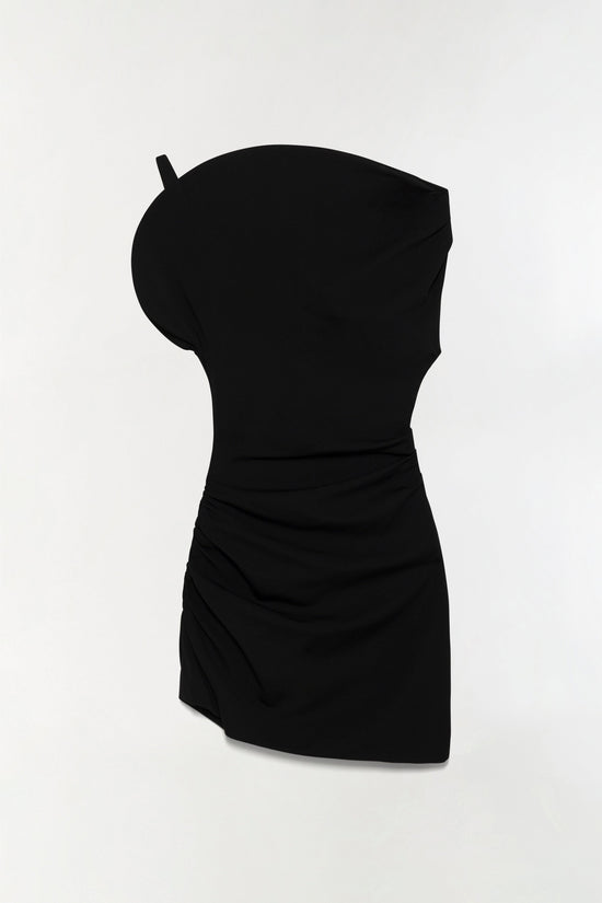 Black sleeveless mini dress with draped neckline and ruched side detail.
