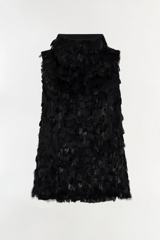 Black sleeveless mini dress with layered feather detailing throughout and rounded neckline.