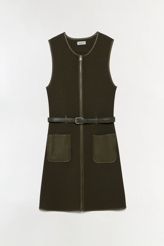 Olive green ribbed knit mini dress with front zipper, belt, and patch pockets.