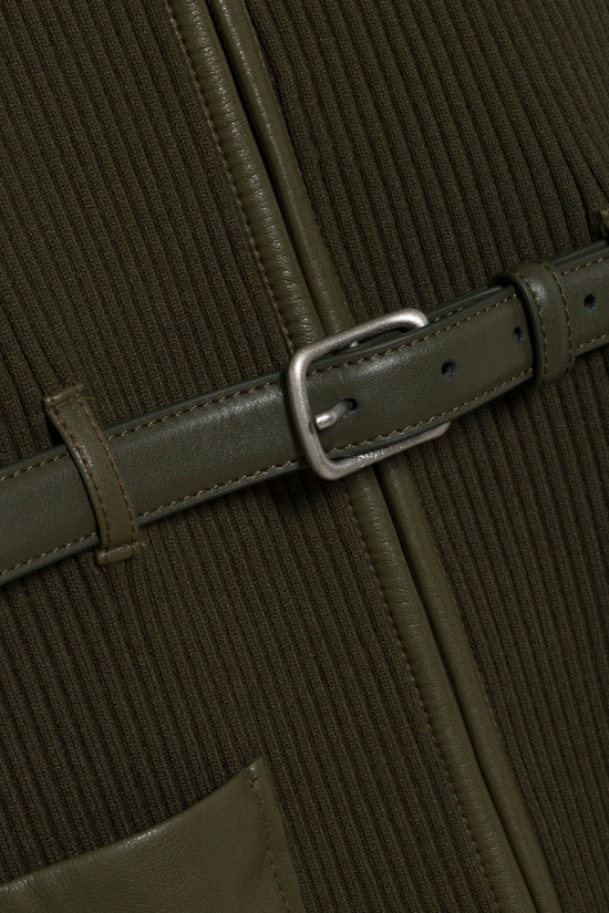 Olive green ribbed knit dress with silver buckle belt detail at waist.