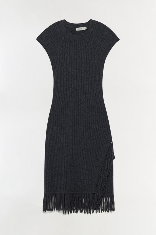 Charcoal ribbed knit mini dress with fringe trim at hem and side slit detail.