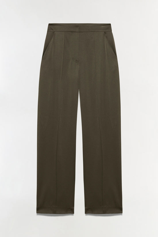 Olive-green satin pants with high waist, pleated front, and straight wide-leg silhouette.