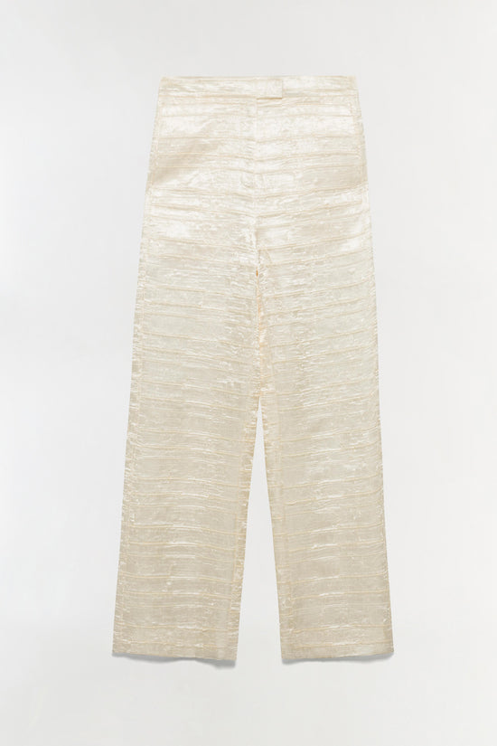 Cream satin pant with horizontal ruching detail and straight-leg silhouette.