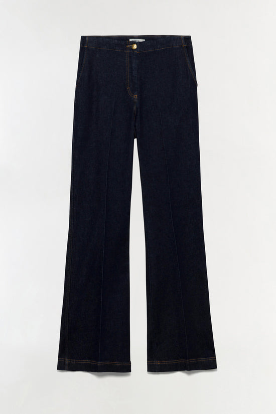 Dark navy wide-leg jeans with contrast stitching and a high waist.