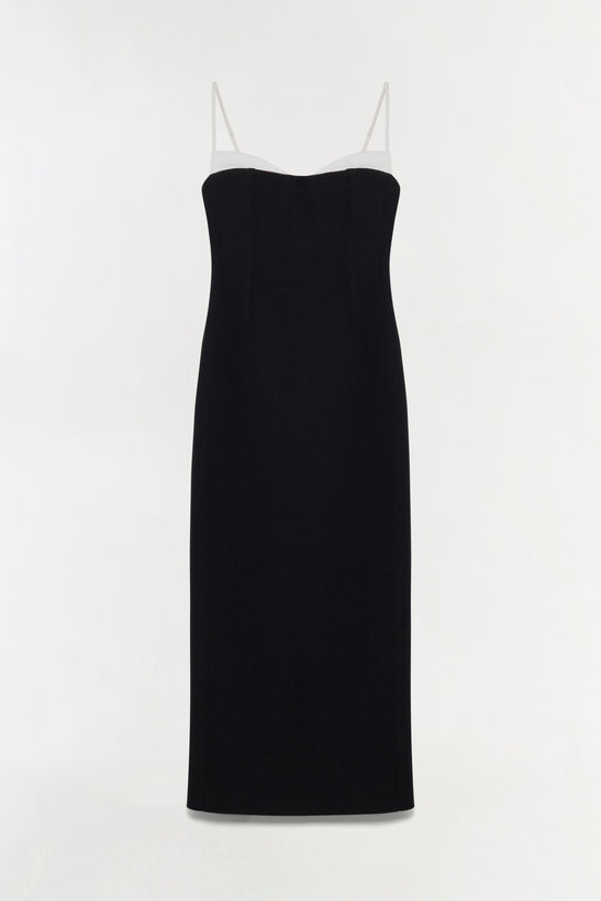 Black midi dress with thin clear straps and sweetheart neckline.