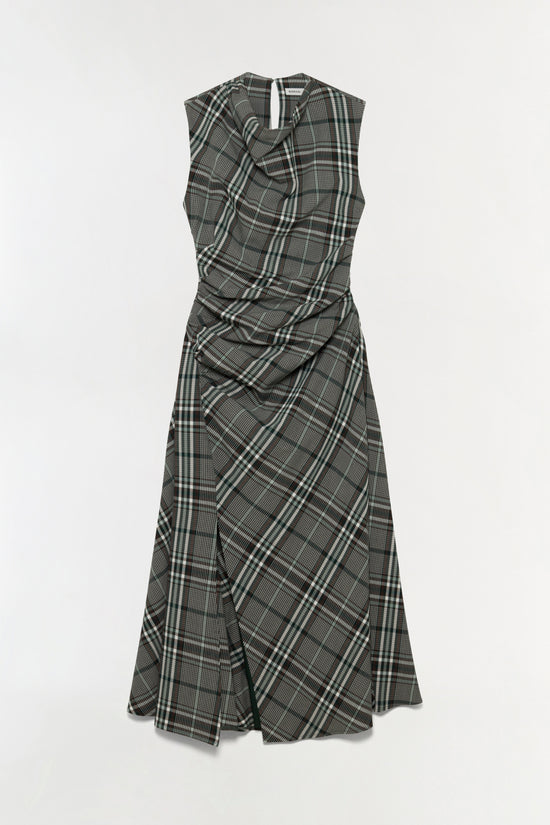 Gray and white plaid sleeveless midi dress with draped neckline and gathered waist detail.