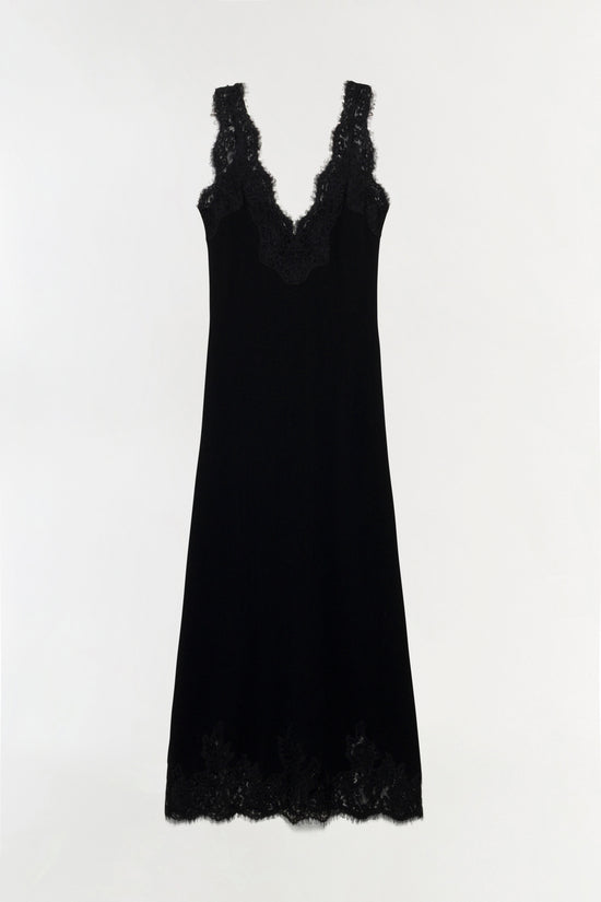 Black sleeveless midi dress with lace V-neckline and lace trim at hem.