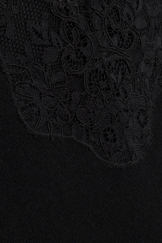 Black cashmere midi dress with embroidered floral paisley pattern throughout.