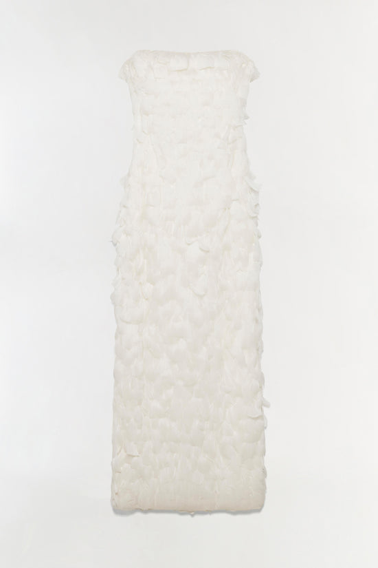 Ivory sleeveless gown with tiered feather detailing throughout, featuring a straight neckline and floor-length silhouette.