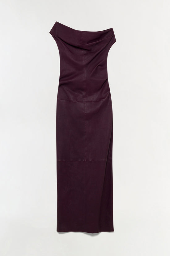 Deep burgundy leather midi dress with off-shoulder neckline and visible seam paneling throughout.