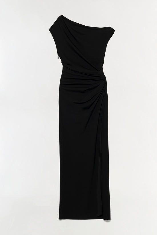 Black sleeveless midi dress with draped neckline and ruched side detailing.