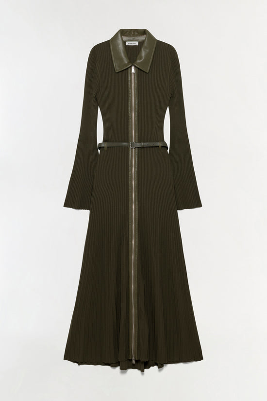 Olive green ribbed knit midi dress with satin collar, front zip closure, belt, and flared long sleeves.