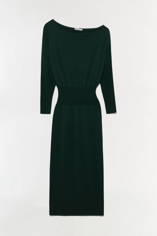 Dark green knit midi dress with three-quarter sleeves and off-shoulder neckline on neutral background.