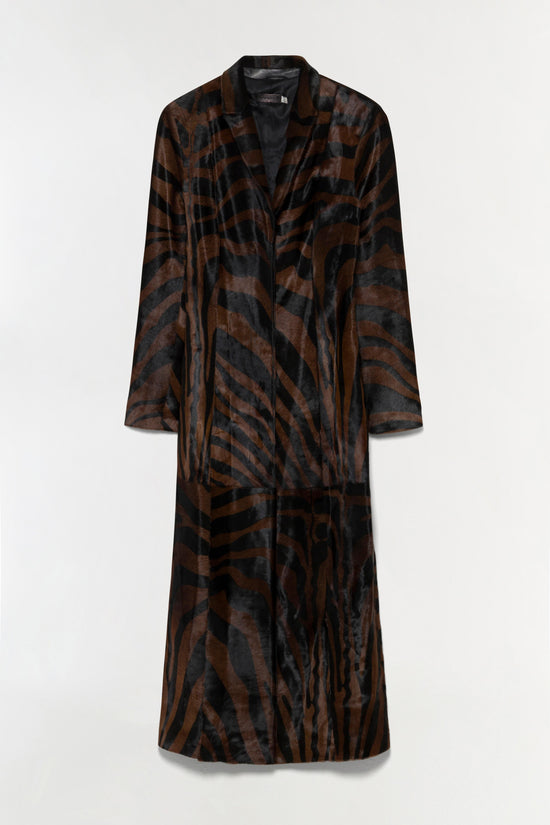 Brown and black zebra-striped calf hair coat with notch lapels and long sleeves displayed on white background.