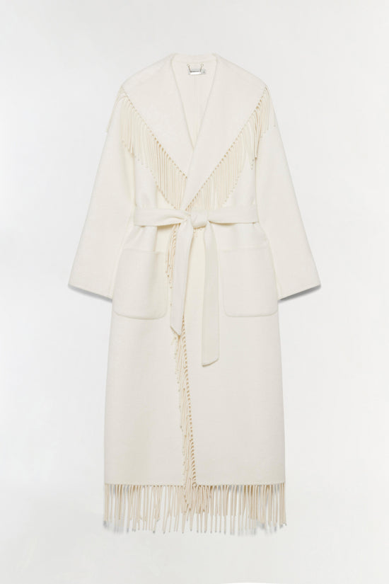 Cream wool coat with large shawl collar and fringe trim along the front and hem, featuring a tie waist.