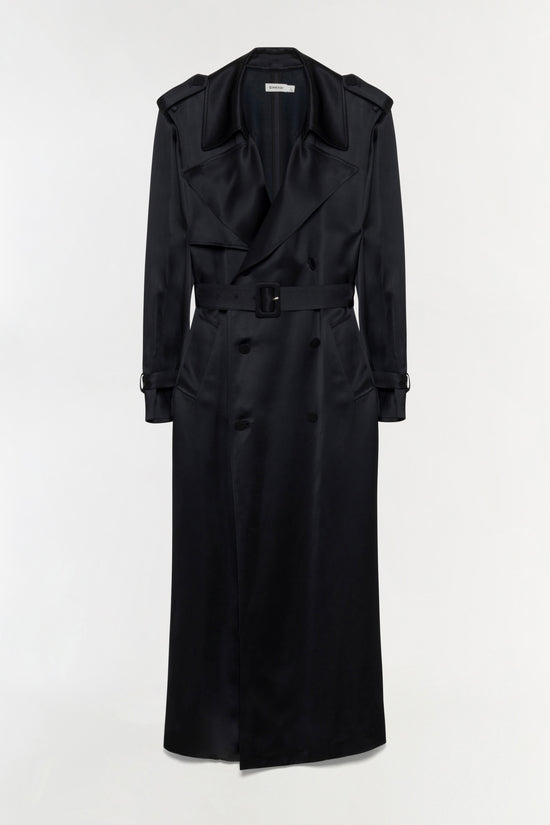 Black double-breasted belted trench coat with wide collar, long sleeves, and button closures.