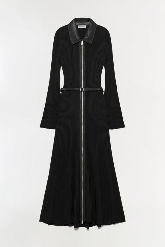Black ribbed knit midi dress with satin collar, front zip closure, and belted waist with flared sleeves.