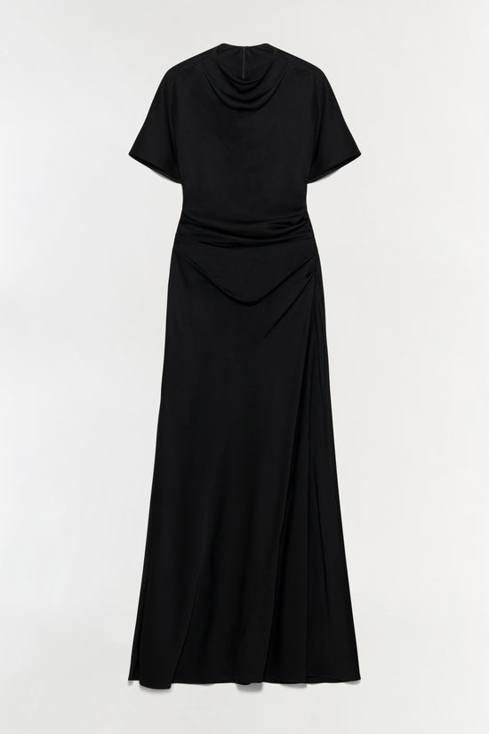 Black satin gown with short sleeves, draped neckline, ruched waist detail, and wrapped skirt.