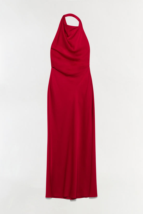 Red halter gown with draped fabric detail at neckline and fitted bodice extending to full-length skirt.