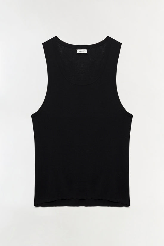Black sleeveless tank top with crew neckline and brand label at neck.