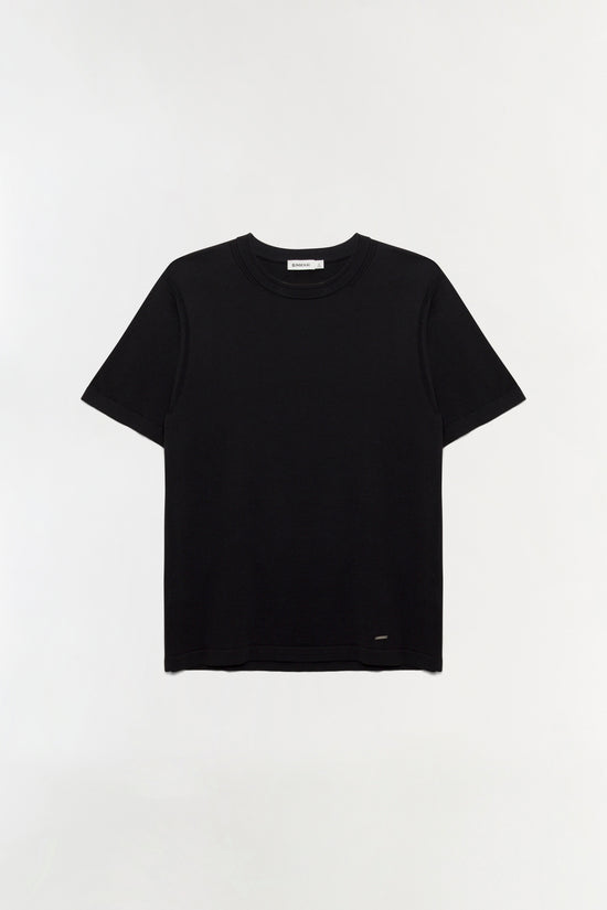 Black crewneck t-shirt with short sleeves and small logo detail on lower front.