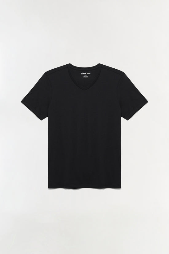 Black short-sleeve t-shirt with V-neck collar and brand label visible at neckline.