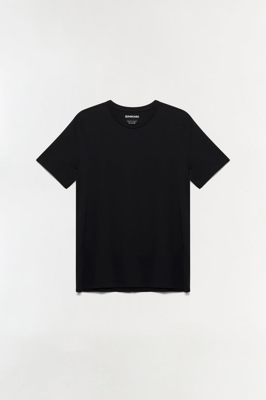 Black cotton crewneck t-shirt with short sleeves displayed flat against a light background.