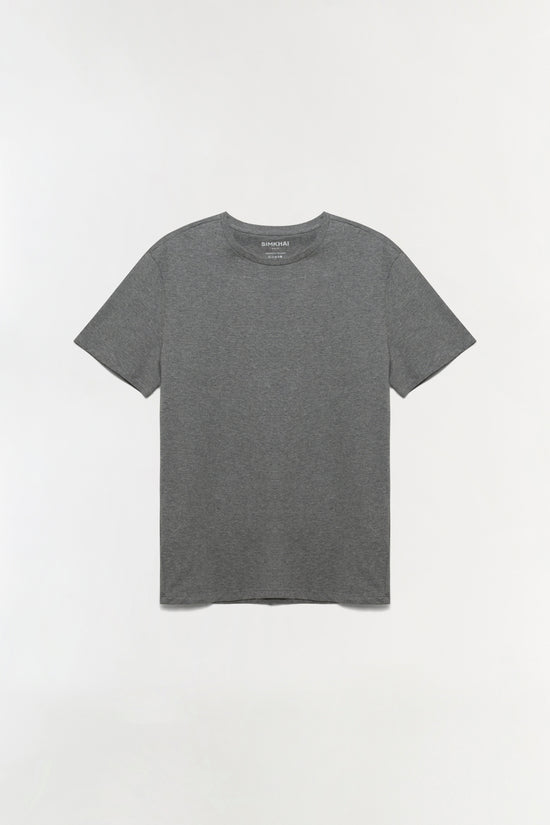 Charcoal gray short-sleeve crewneck t-shirt displayed on neutral background.