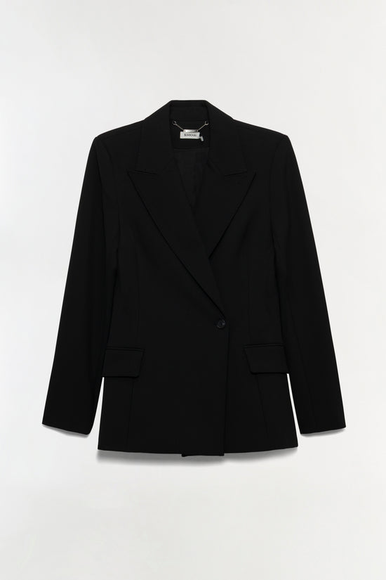 Black double-breasted blazer with notch lapels, long sleeves, and front patch pockets.