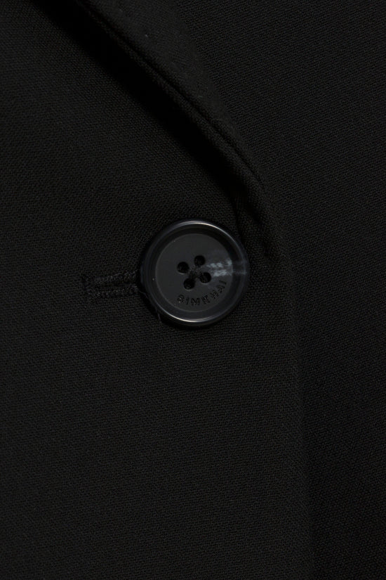 Black blazer fabric with a four-hole button detail.