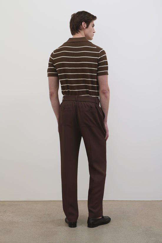 Brown trousers with elastic waistband and pleated front, shown from back view on model.