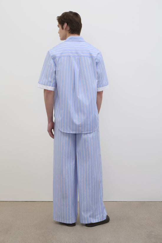 Man wearing light blue striped short-sleeve cotton shirt with white cuffs, shown from back.