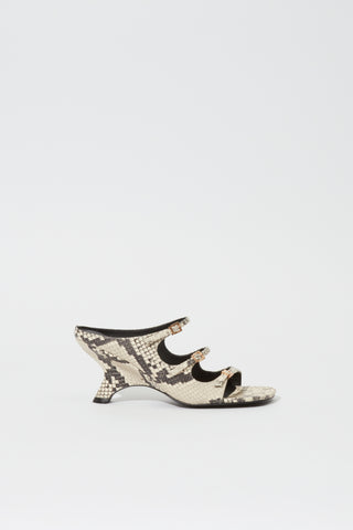 River Snake Print Leather Buckle Mule