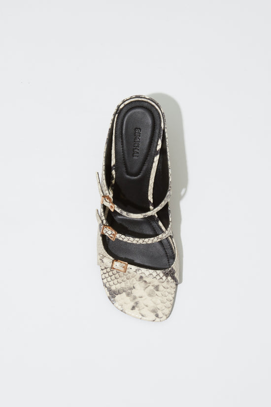 River Snake Print Leather Buckle Mule