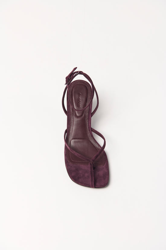 Burgundy suede strappy wedge heel with ankle strap shown from top view.