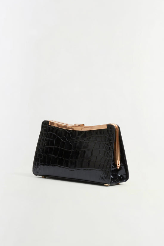 Black leather clutch with croc-embossed texture and gold-tone metal frame and clasp closure.