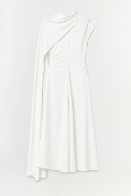 White satin midi dress with draped cape detail and cowl neckline.