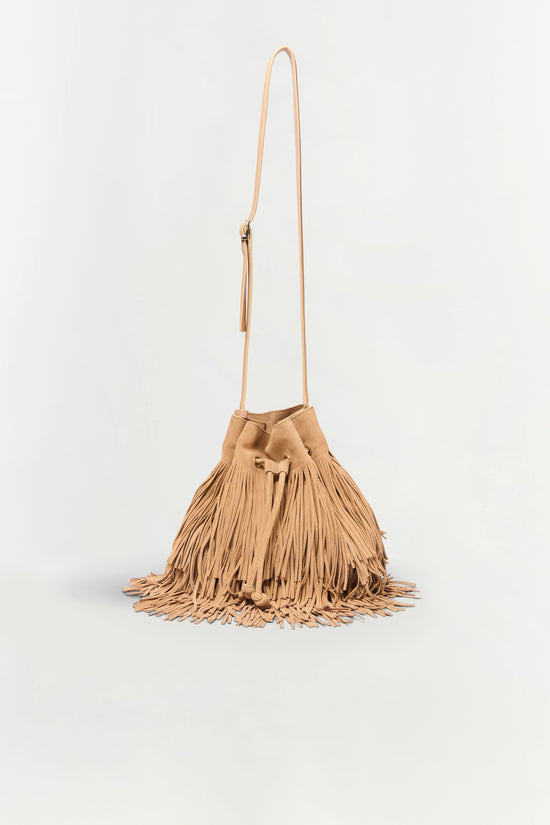 Tan suede crossbody bag with fringe detailing throughout and long adjustable shoulder strap.