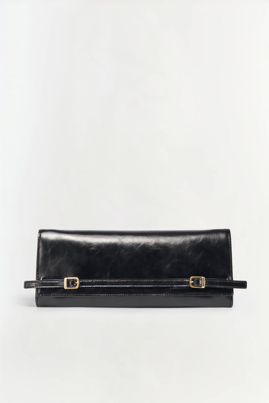 Black leather clutch with gold-tone buckle details and detachable shoulder strap.