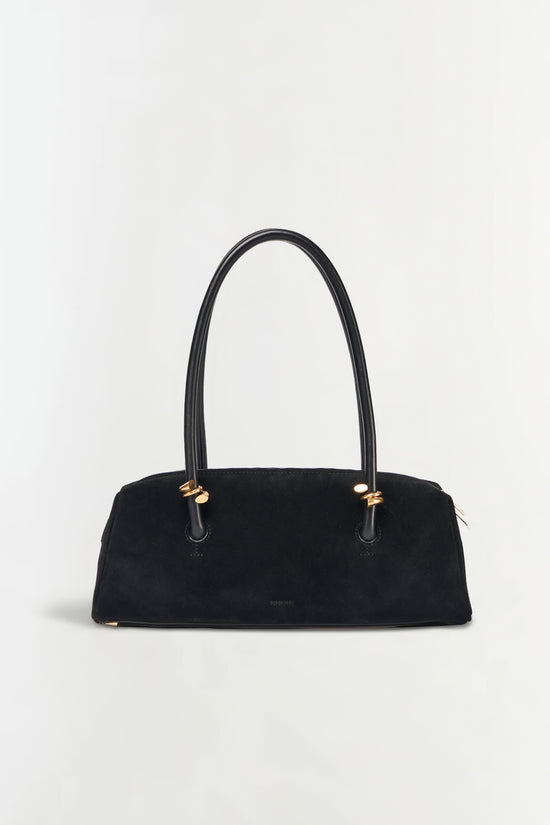 Black suede shoulder bag with dual handles and gold-tone hardware accents.