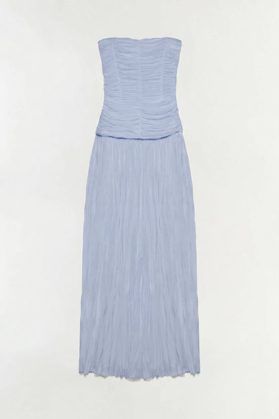 Light blue sleeveless gown with ruched bustier bodice and pleated skirt.