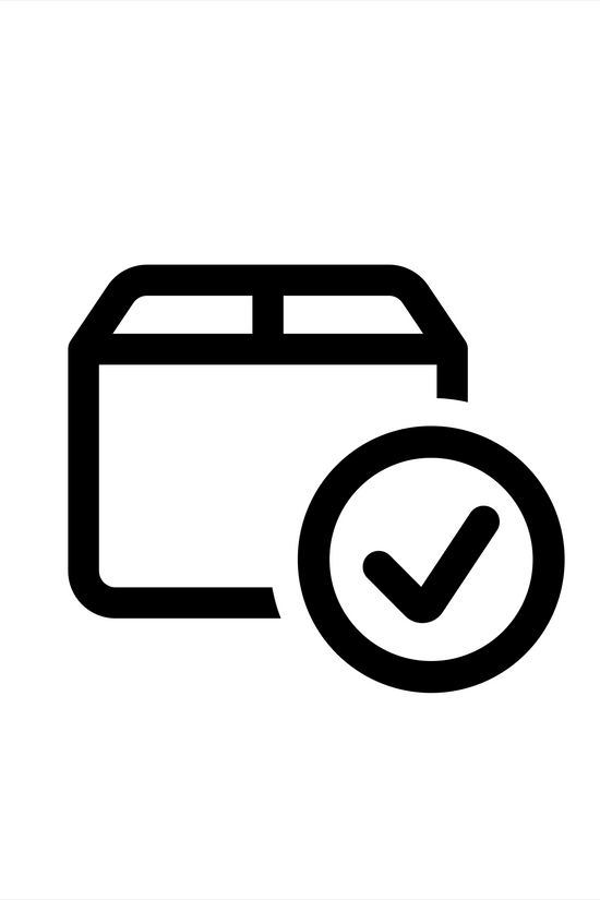 Black icon showing a cardboard box with a checkmark circle overlaid on the bottom right.