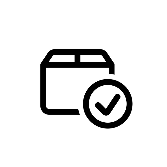 Black icon showing a cardboard box with a checkmark circle overlaid on the bottom right.