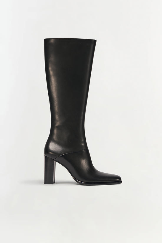 Black leather knee-high boot with a chunky block heel and pointed toe.