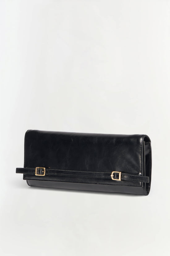 Black leather clutch wallet with two buckled straps and gold-tone hardware.