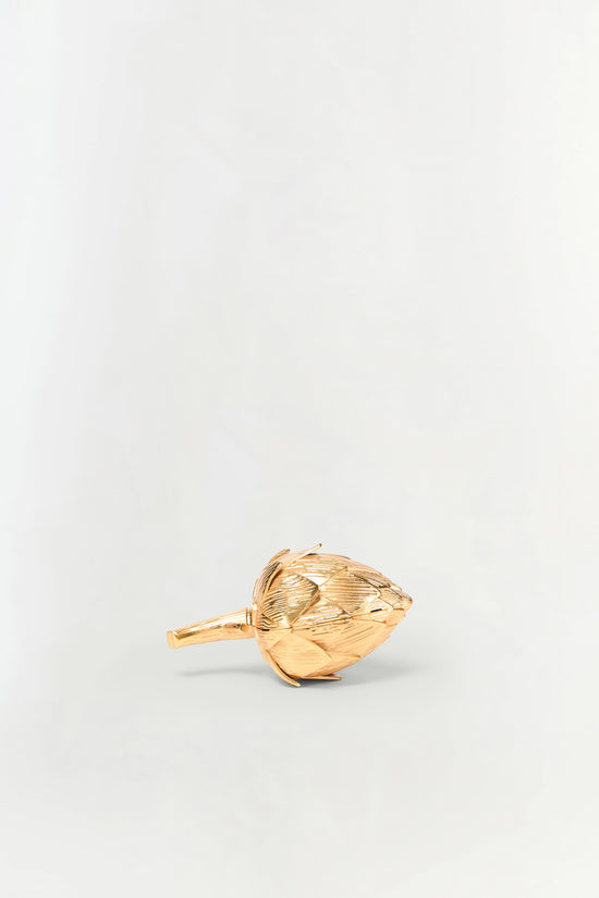 Gold-toned clutch shaped like an artichoke with textured leaf details and a handle.