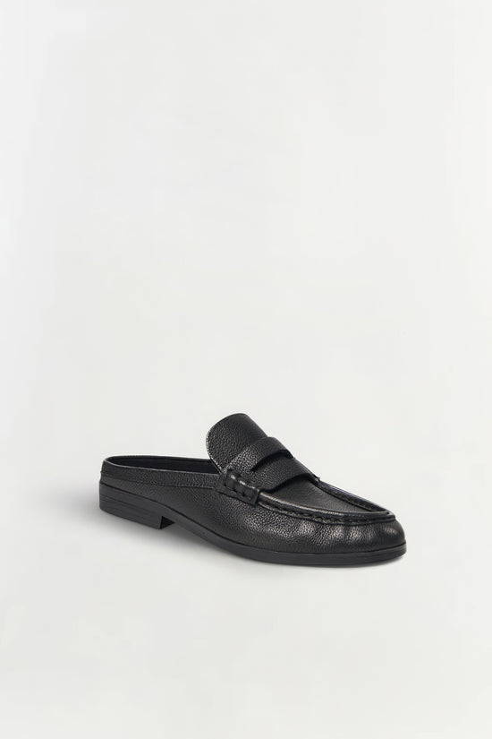 Black pebbled leather loafer mule with penny slot detail and low block heel.